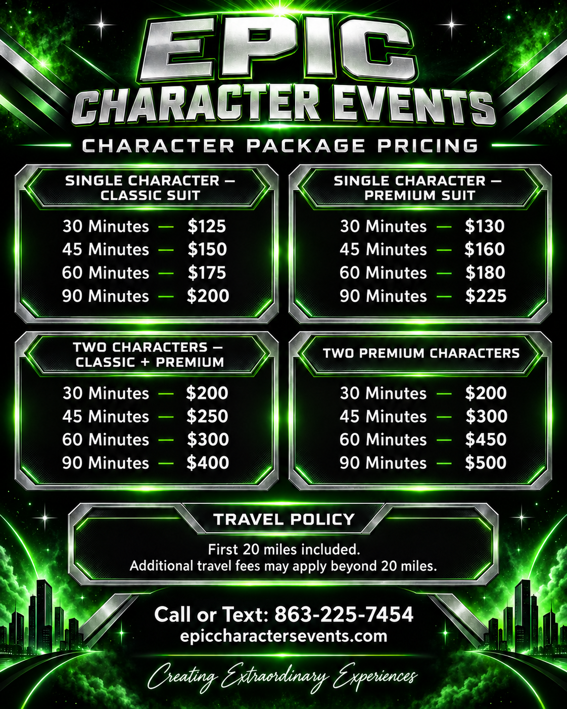 Epic Character Events character package pricing flyer